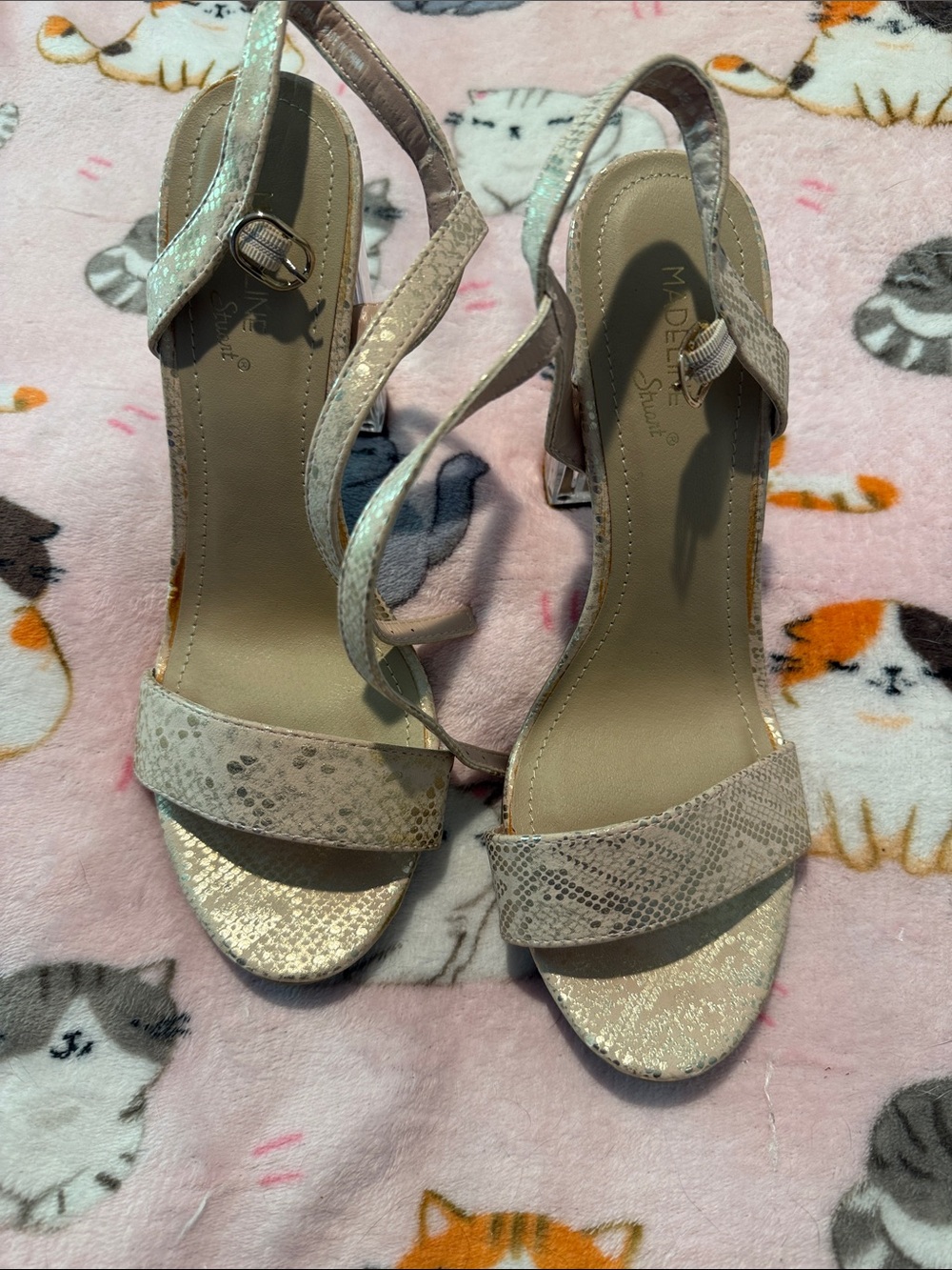 Madeline Shimmery Beige Snake-Print Strappy Heels